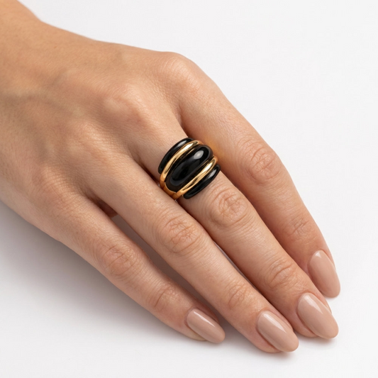 Black & Gold Ribbed Dome Ring