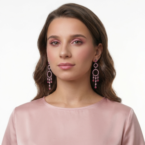 Pink Crystal Double Hoop Chandelier Earrings