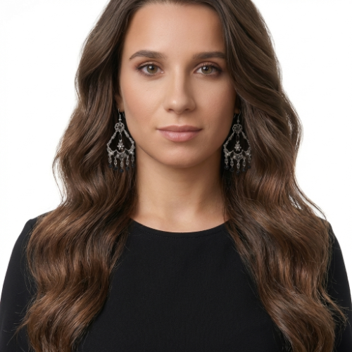 Silver Filigree Black Crystal Chandelier Earrings