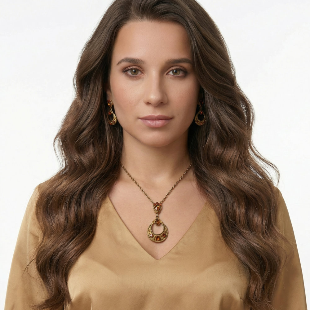 Amber Crystal Crescent Pendant Set