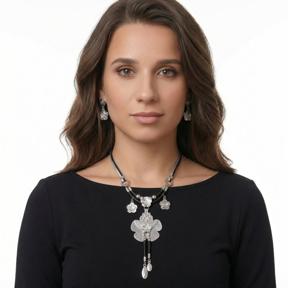 Silver Rose Flower Cord Jewelry Set