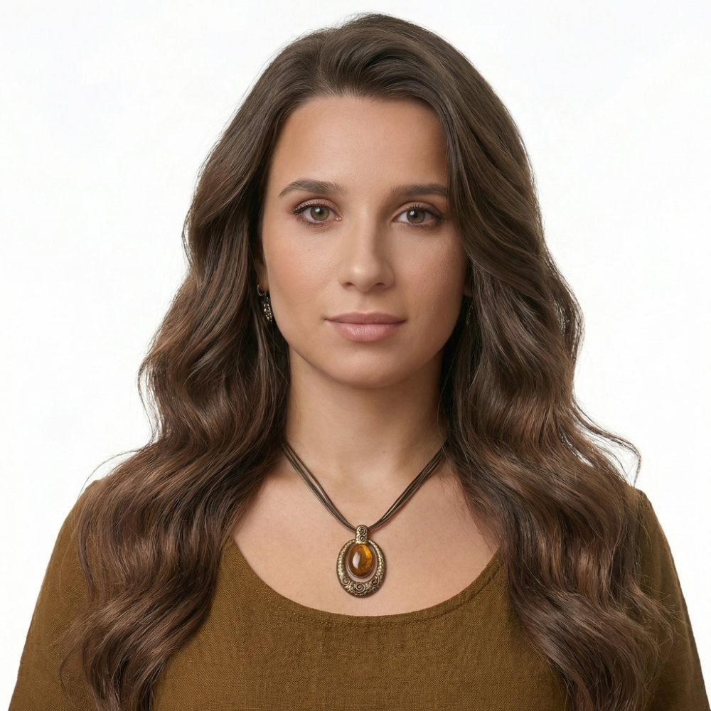 Tiger Eye Bronze Oval Pendant Cord Necklace