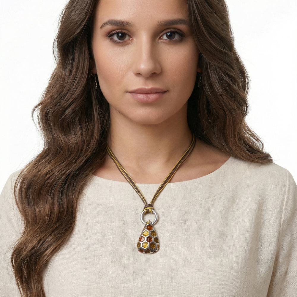Honeycomb Enamel Pendant Cord Necklace