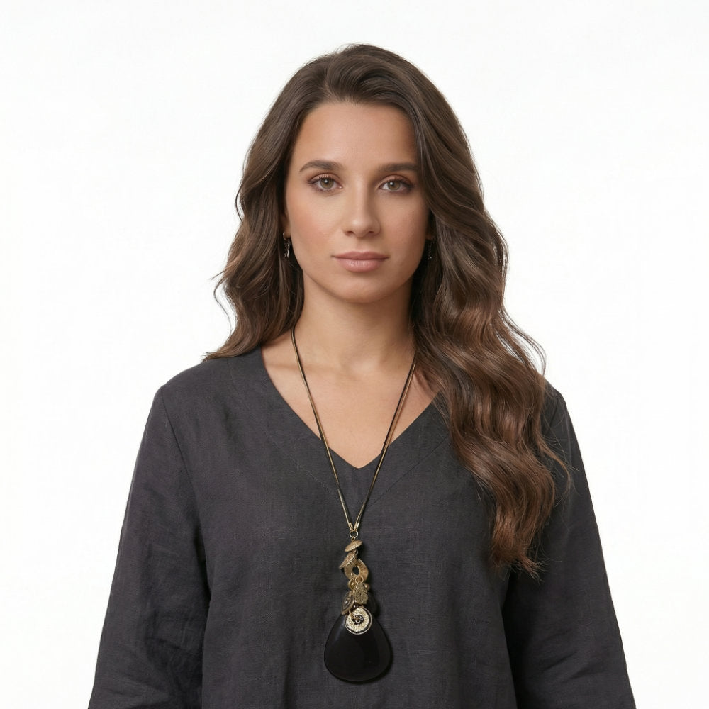 Onyx Teardrop & Antique Charm Pendant Necklace