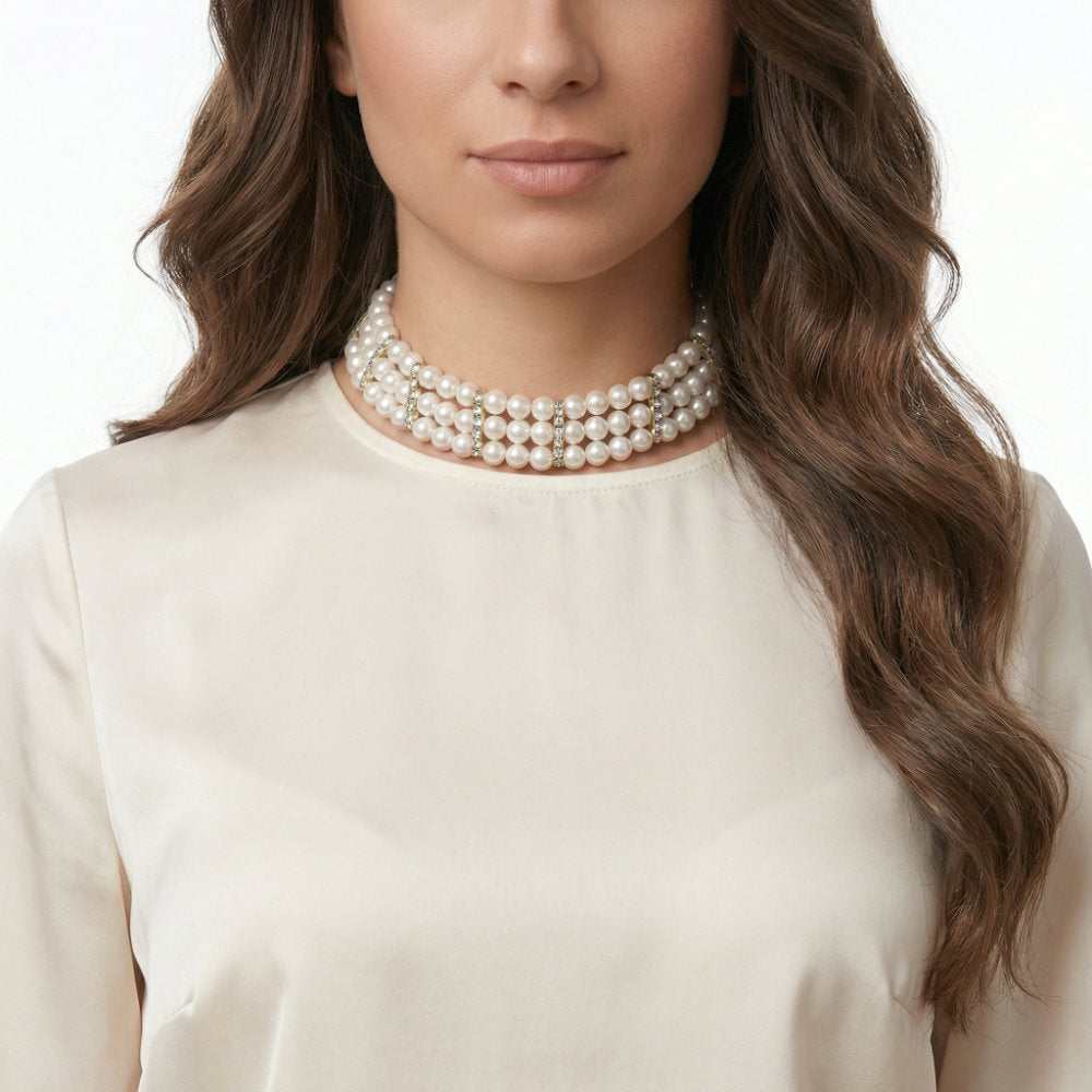 Triple Strand Pearl Crystal Choker