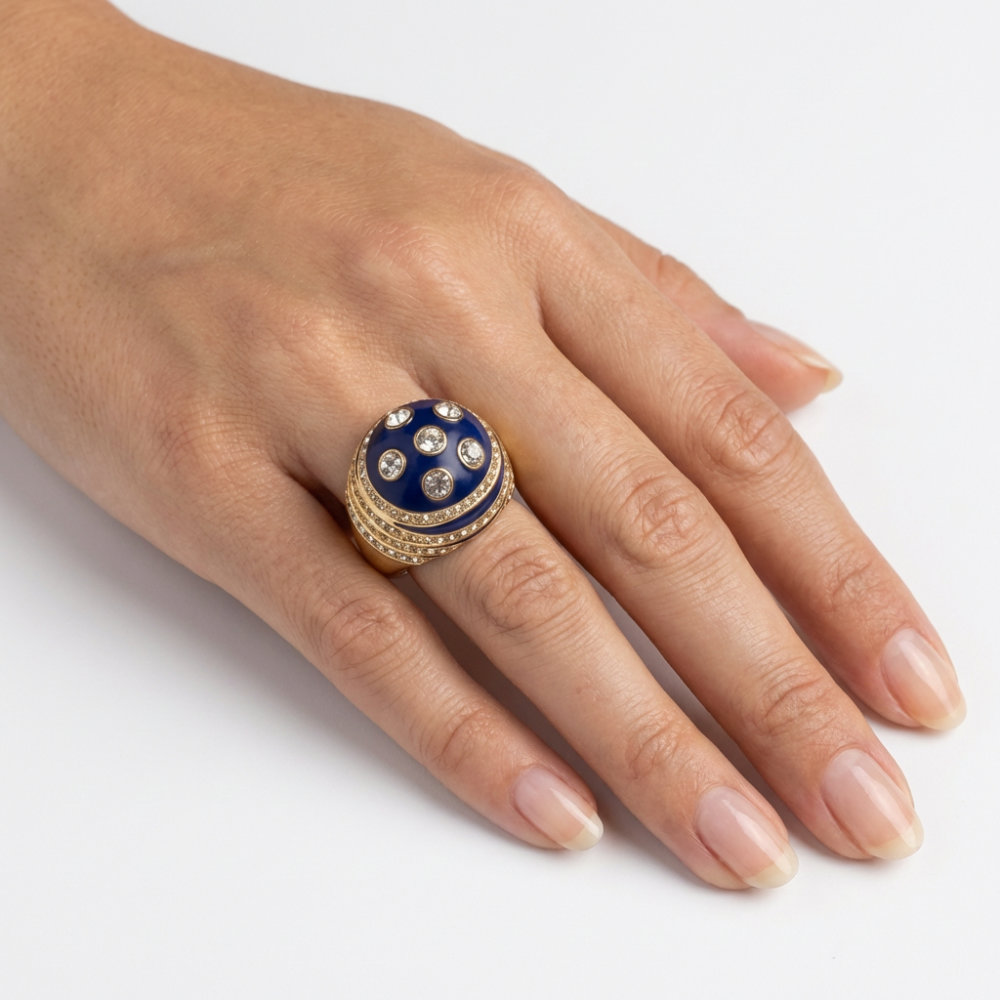Navy Blue Enamel Crystal Dome Cocktail Ring