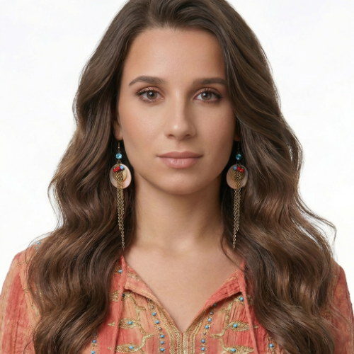 Shell Disc & Gold Chain Fringe Drop Earrings