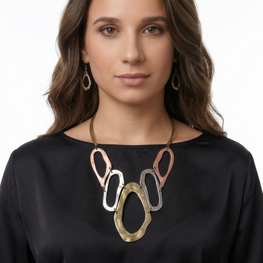Tri-Tone Hammered Open Oval Link Jewelry Set