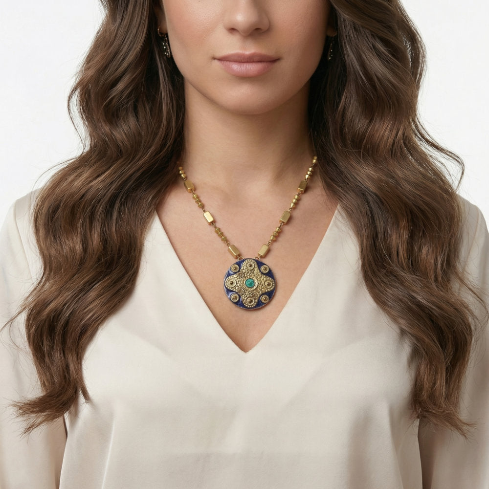 Blue & Gold Medallion Pendant Necklace