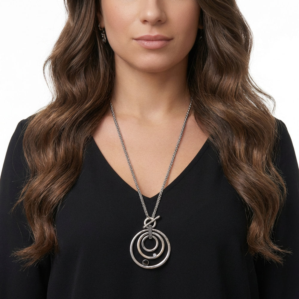 Silver Spiral Circle Long Chain Necklace