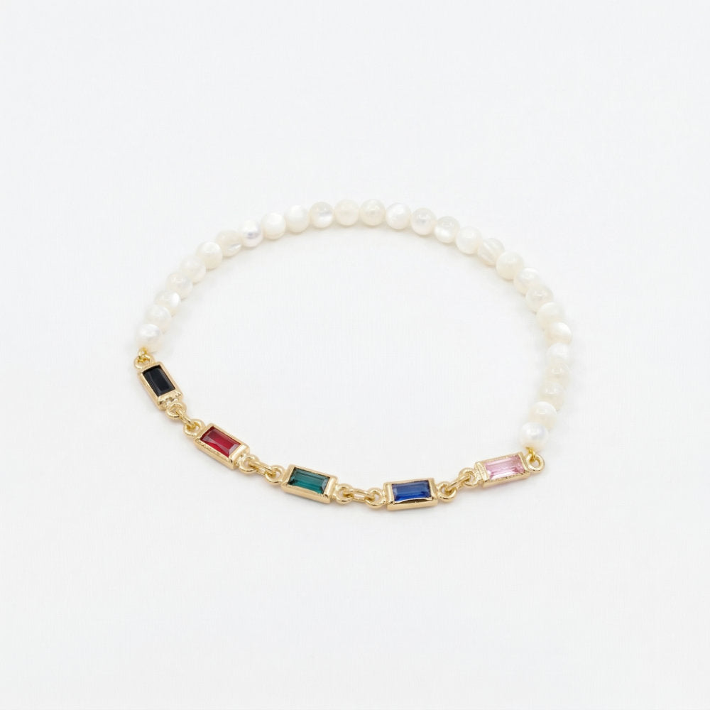 Pearl & Multicolor Baguette Gold Bracelet