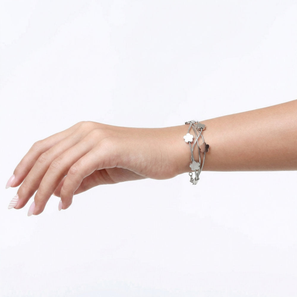 Silver Flower Charm Multi-Strand Bracelet