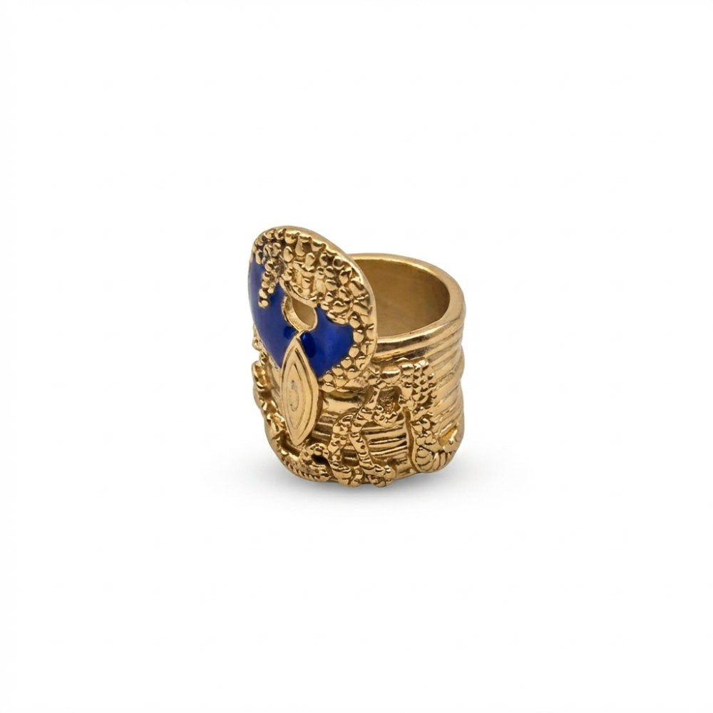 Gold Textured Blue Enamel Crest Ring