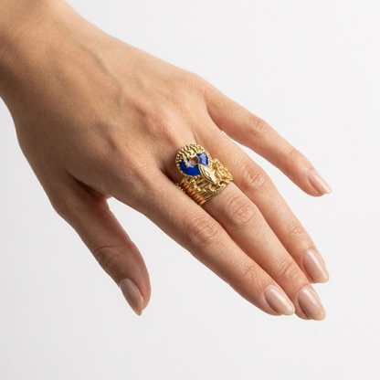 Gold Textured Blue Enamel Crest Ring