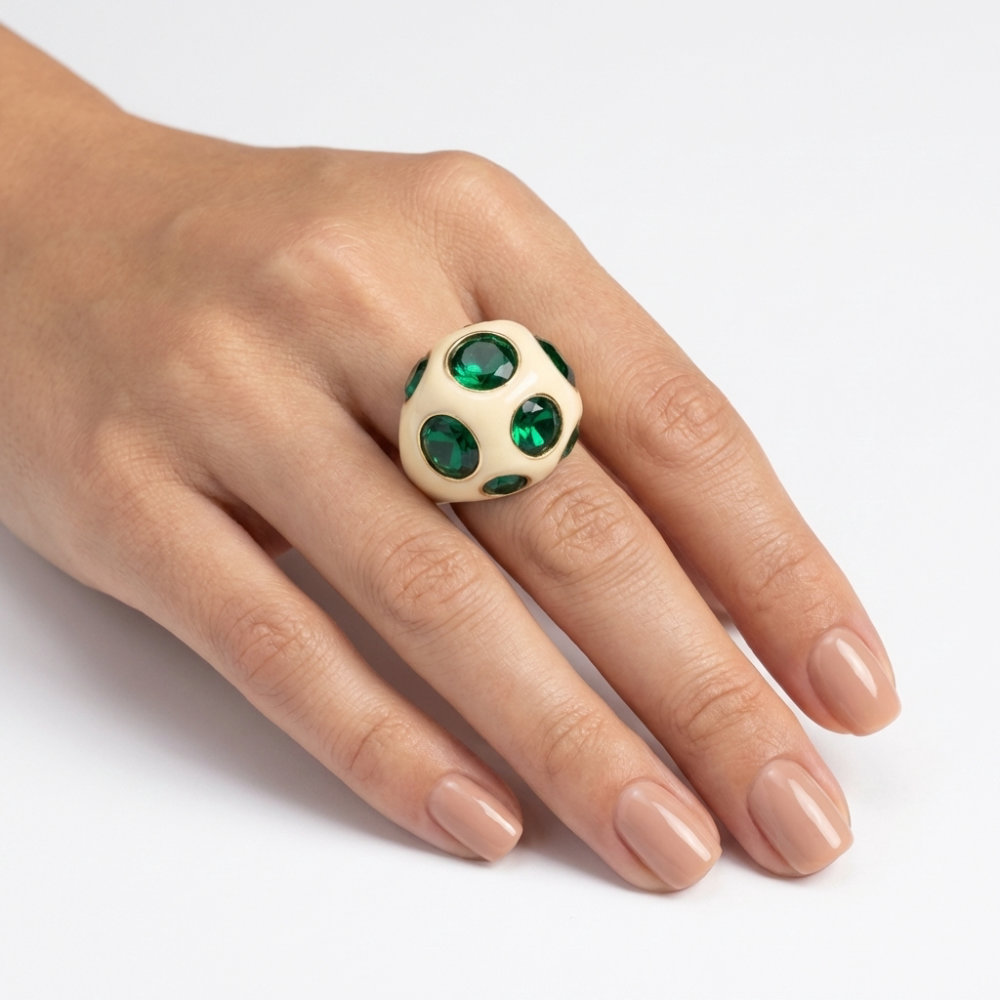 Cream & Emerald Crystal Dome Ring