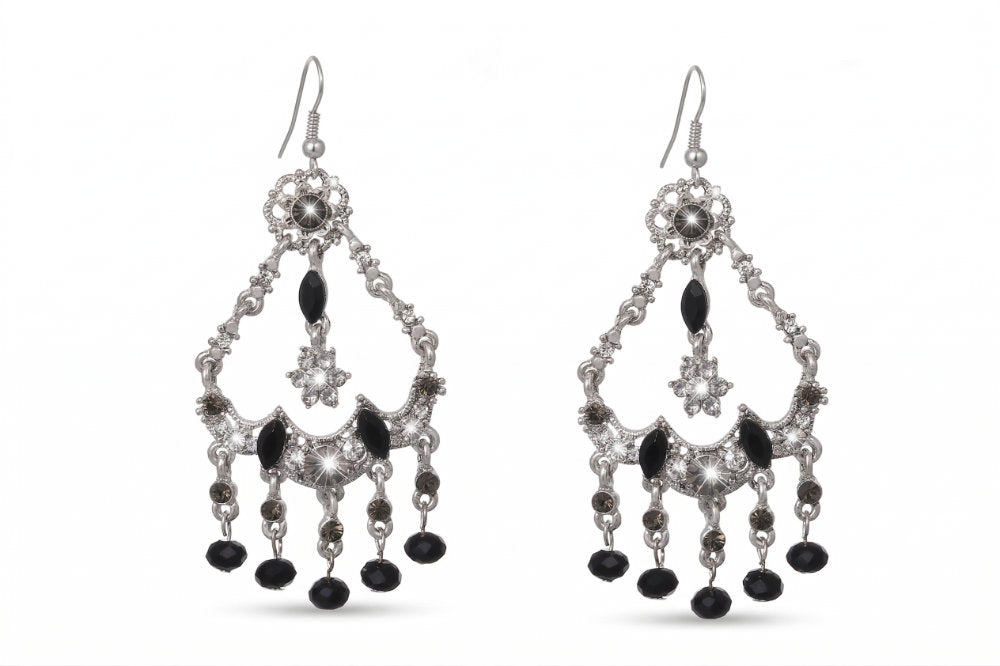 Silver Filigree Black Crystal Chandelier Earrings