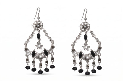 Silver Filigree Black Crystal Chandelier Earrings