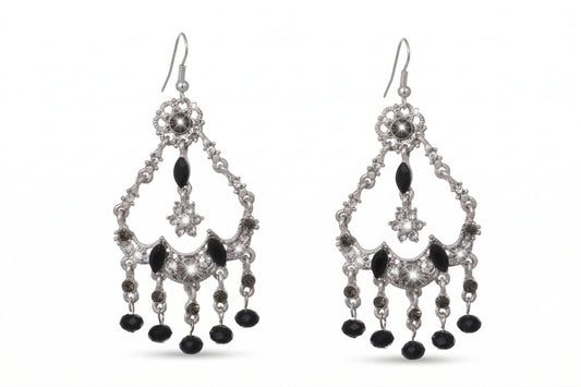 Silver Filigree Black Crystal Chandelier Earrings
