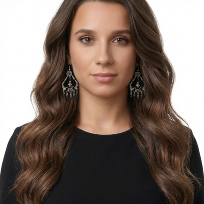 Silver Filigree Black Crystal Chandelier Earrings