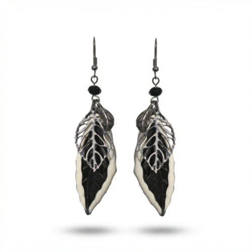Black & Silver Layered Leaf Drop Earrings
