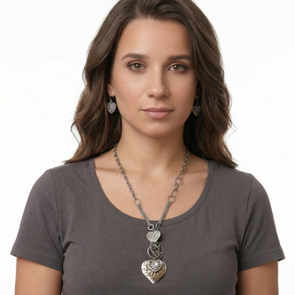 Silver Layered Heart Pendant Jewelry Set