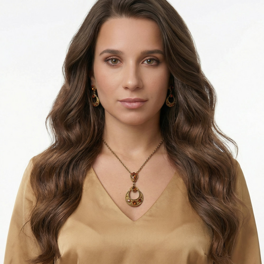 Amber Crystal Crescent Pendant Set