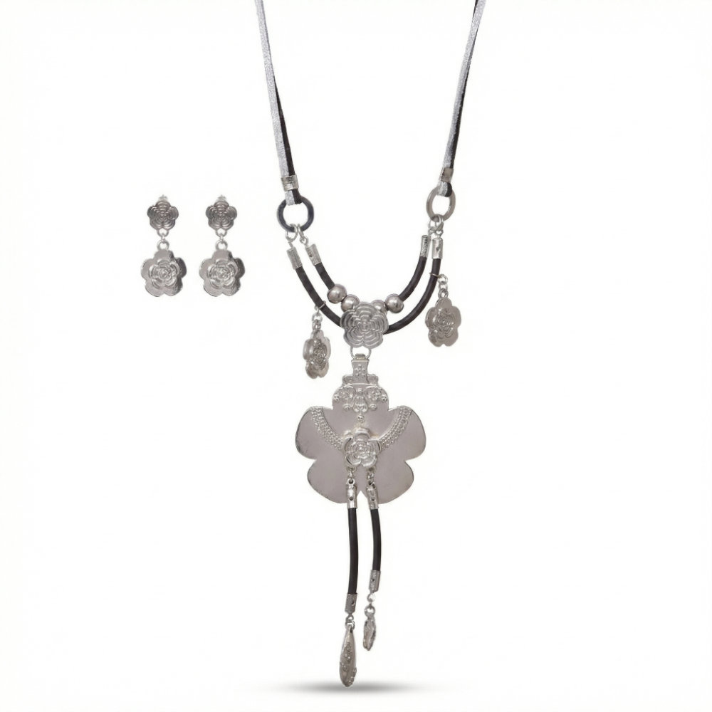Silver Rose Flower Cord Jewelry Set