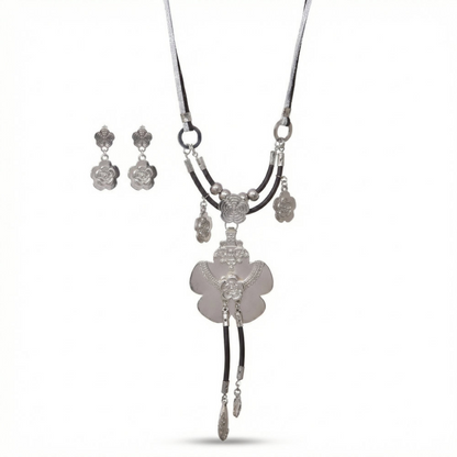Silver Rose Flower Cord Jewelry Set