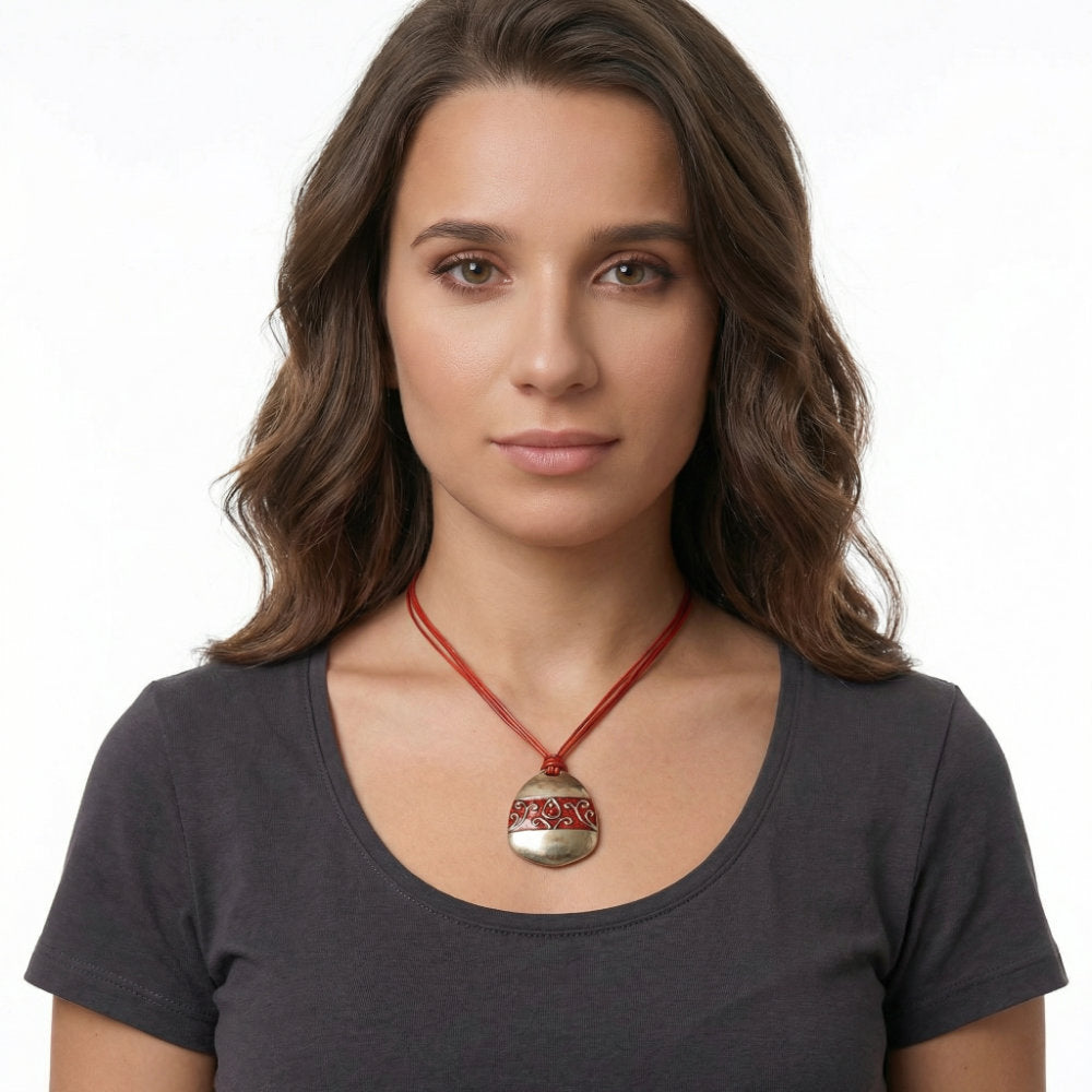 Gold & Crimson Scroll Disc Pendant Cord Necklace