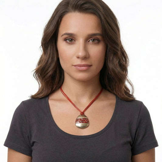 Gold & Crimson Scroll Disc Pendant Cord Necklace