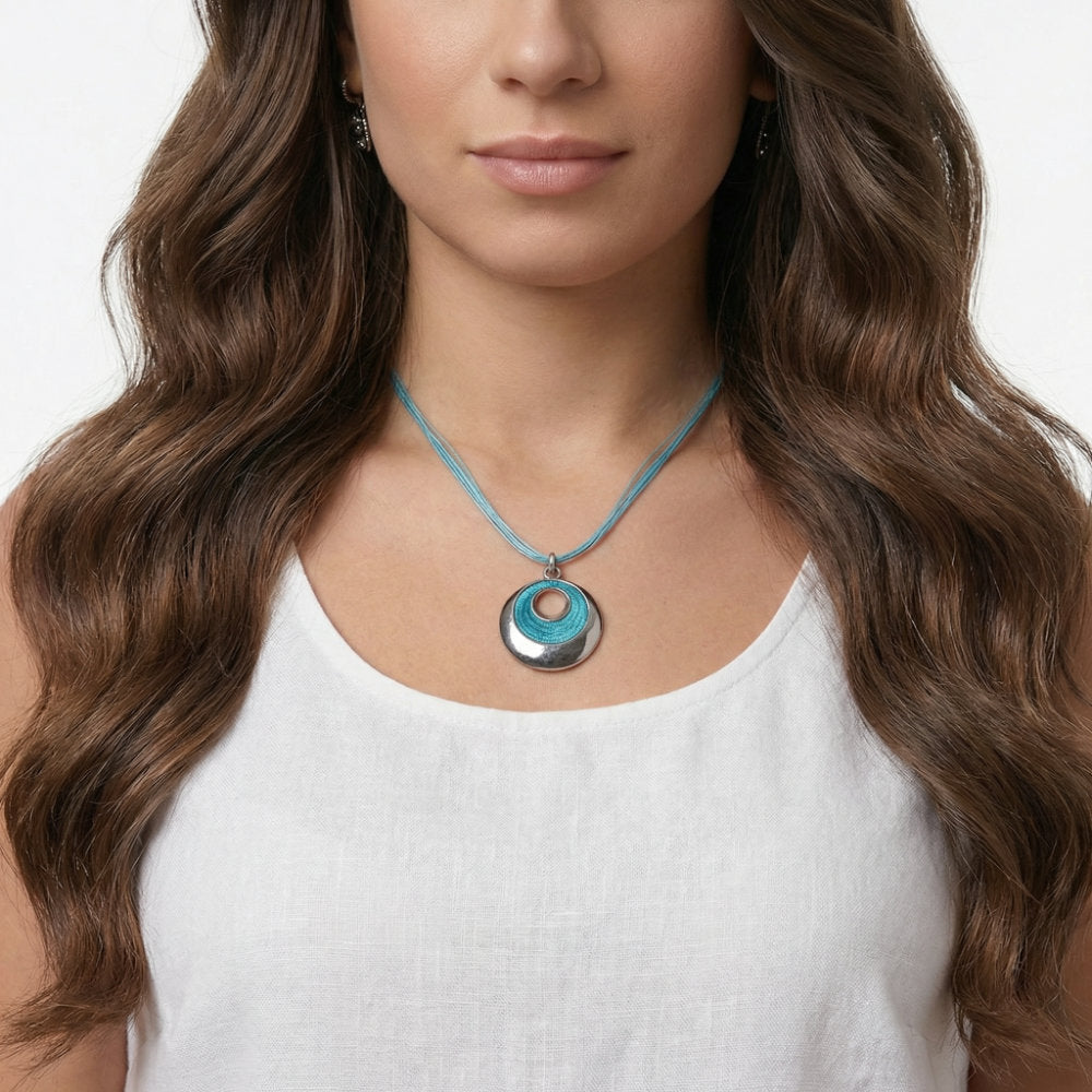 Turquoise Enamel Disc Pendant Cord Necklace