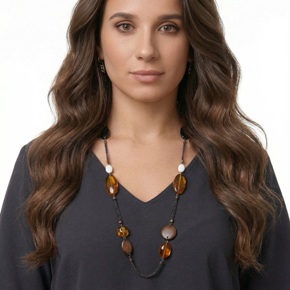 Amber & Mixed Bead Long Chain Necklace