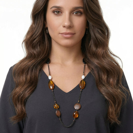 Amber & Mixed Bead Long Chain Necklace