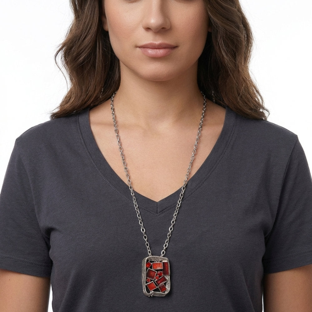 Crimson Mosaic Geometric Pendant Necklace