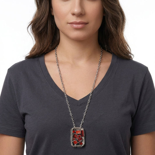 Crimson Mosaic Geometric Pendant Necklace
