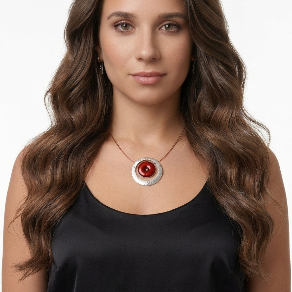 Red Enamel Hammered Silver Disc Cord Necklace