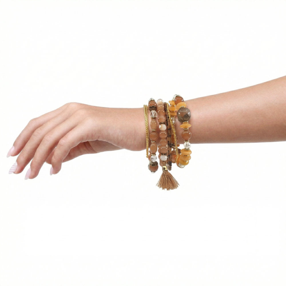 Warm Tone Multi-Strand Bead & Tassel Stack Bracelet Set
