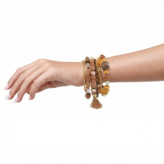 Warm Tone Multi-Strand Bead & Tassel Stack Bracelet Set