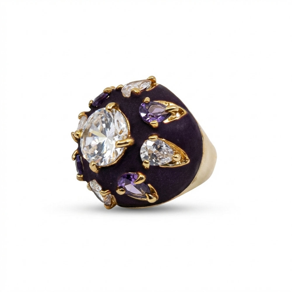 Dark Purple Enamel Crystal Dome Ring