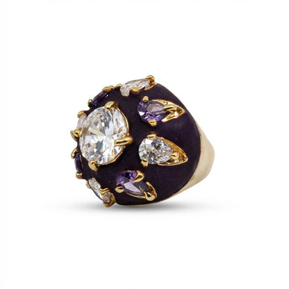 Dark Purple Enamel Crystal Dome Ring