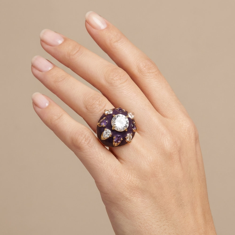 Dark Purple Enamel Crystal Dome Ring
