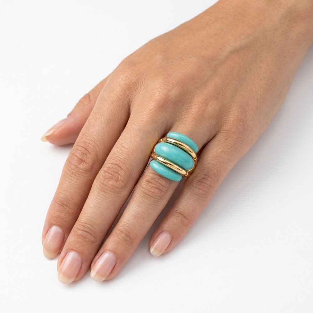 Retro Turquoise & Gold Ribbed Ring