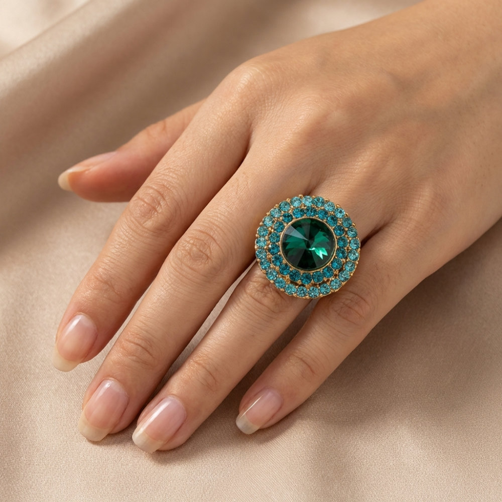 Emerald & Teal Double Halo Cocktail Ring