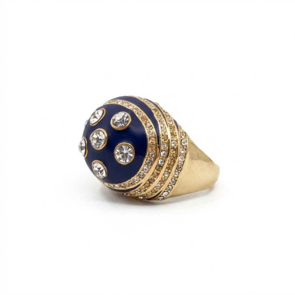 Navy Blue Enamel Crystal Dome Cocktail Ring