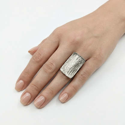 Silver Hammered Rectangular Statement Ring