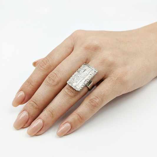 Artisanal Hammered Silver Rectangular Statement Ring