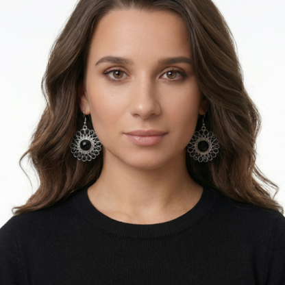 Black Onyx Sunflower Drop Earrings