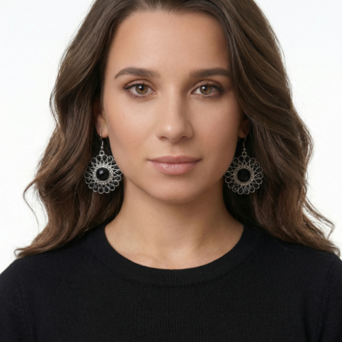 Black Onyx Sunflower Drop Earrings