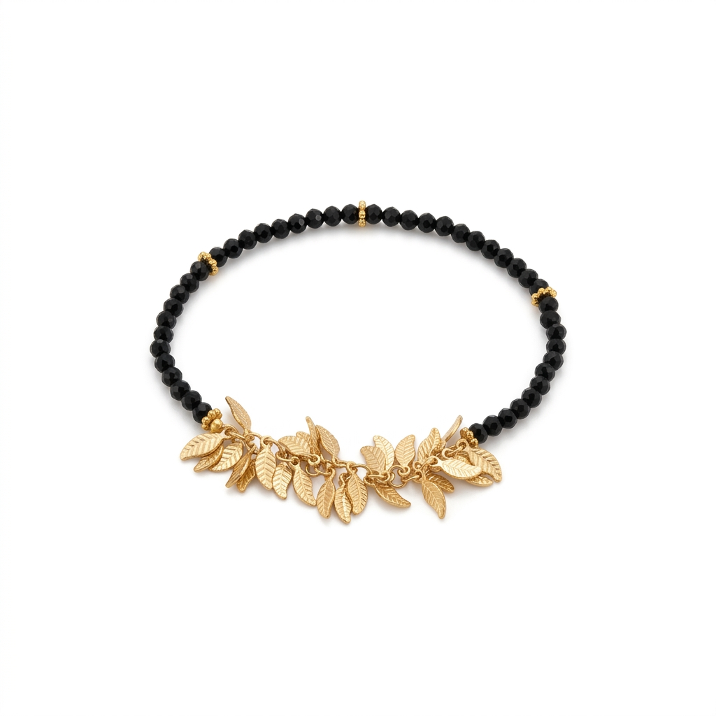 Golden Leaves & Black Bead Bracelet