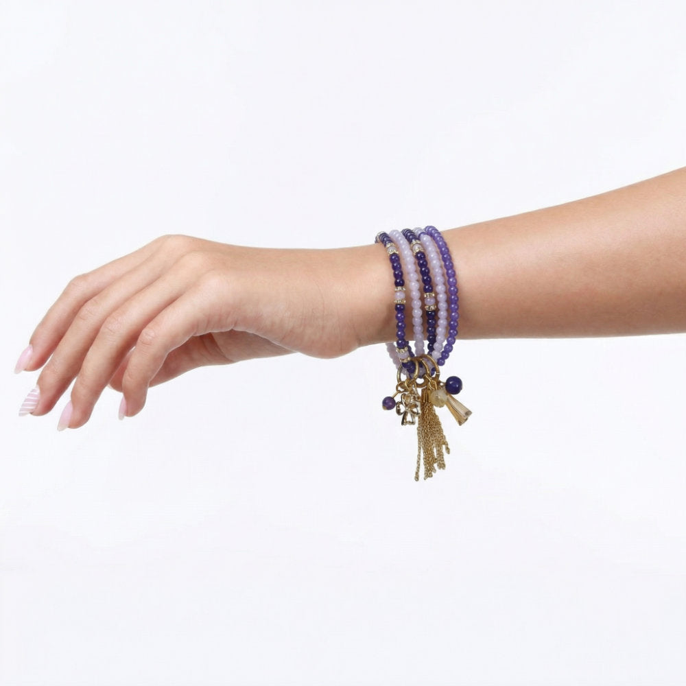 Purple Beaded Tassel Charm Bracelet Stack